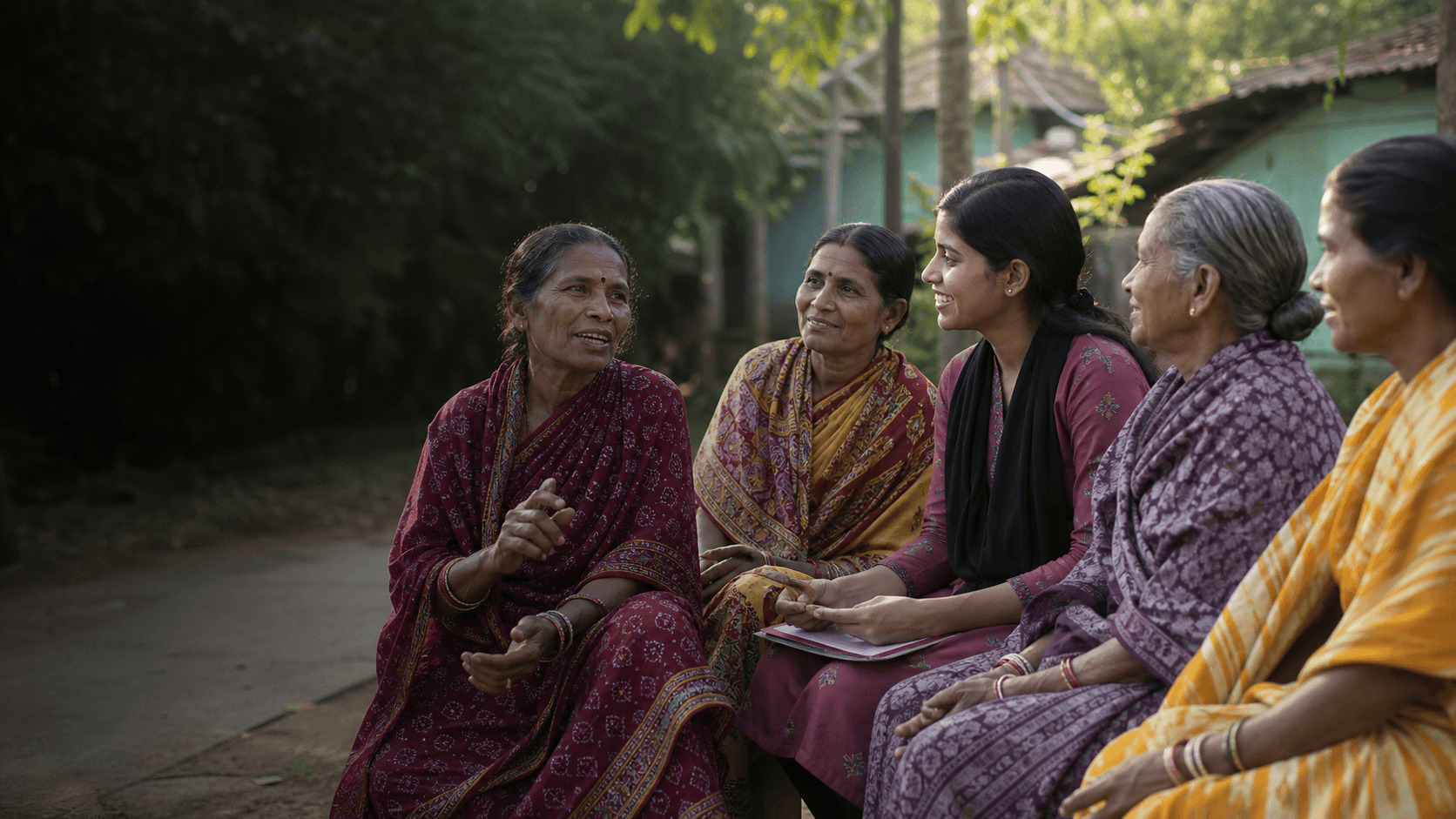 Women sharing ideas during a community conversation in rural India
