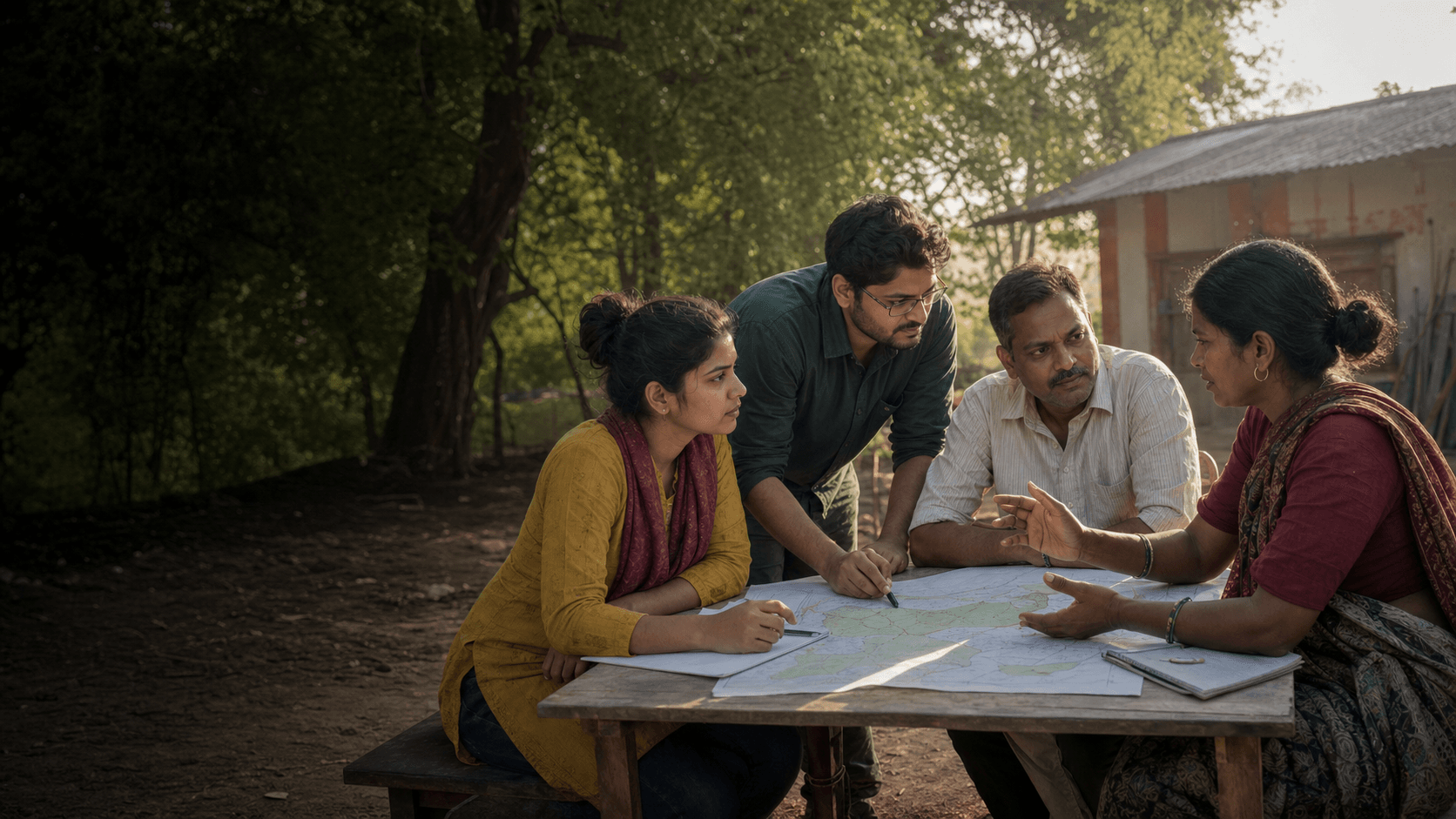 Field leaders and a community member collaborating around a map